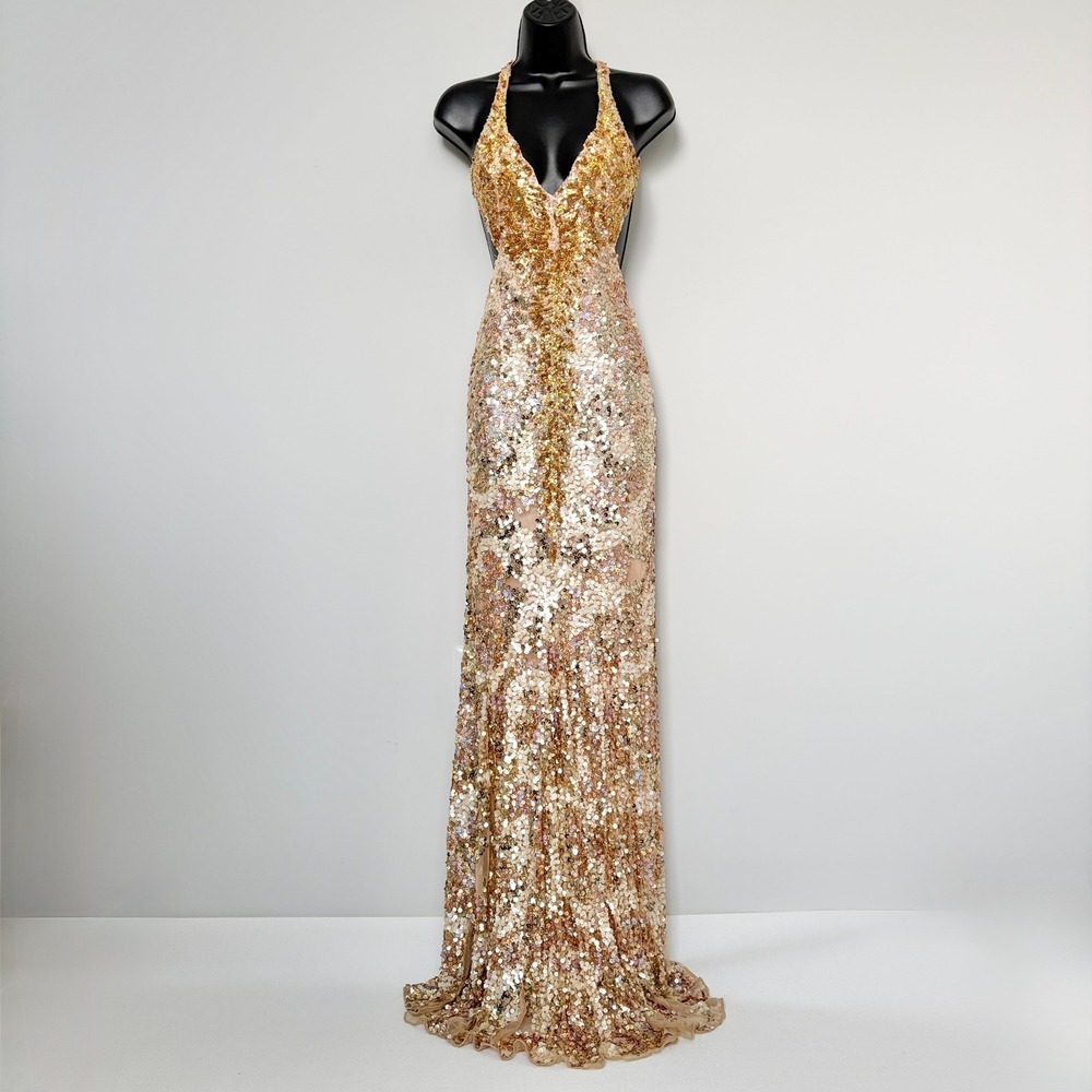 Cassandra Stone Gown Sequin Open Back Formal Dress Size 2 Gold Champagne